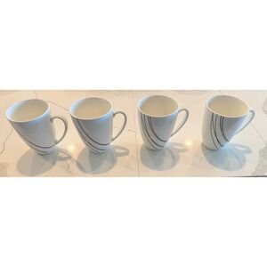 Blue Harbor Collection White Ceramic Coffee Mug Set 4 Black Curved Line Pattern